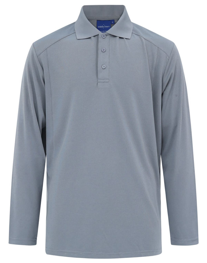 A long-sleeve polo shirt in light grey, featuring a collar and a logo on the chest.