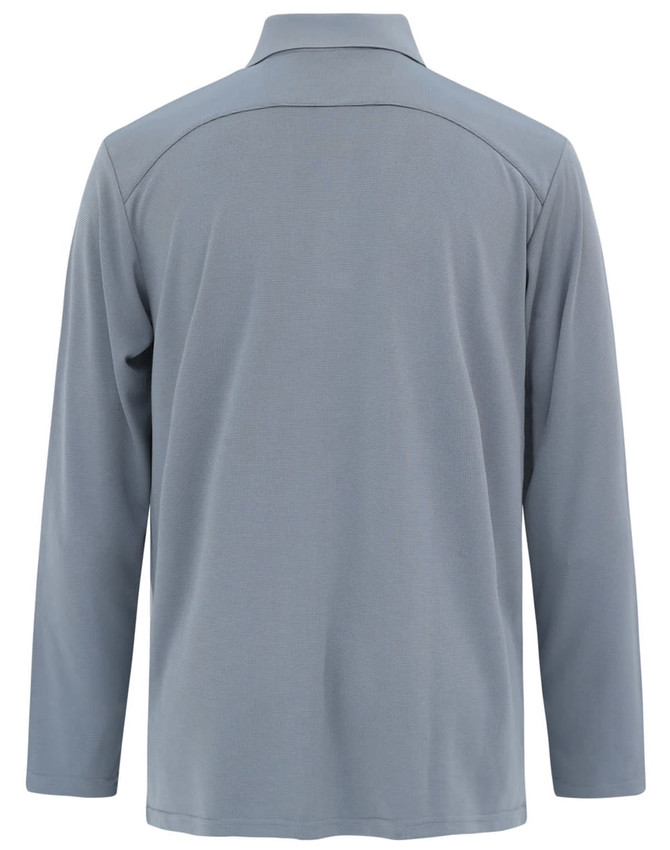 A long-sleeved, grey polo shirt featuring a collar and a simple design, with a logo on the back.