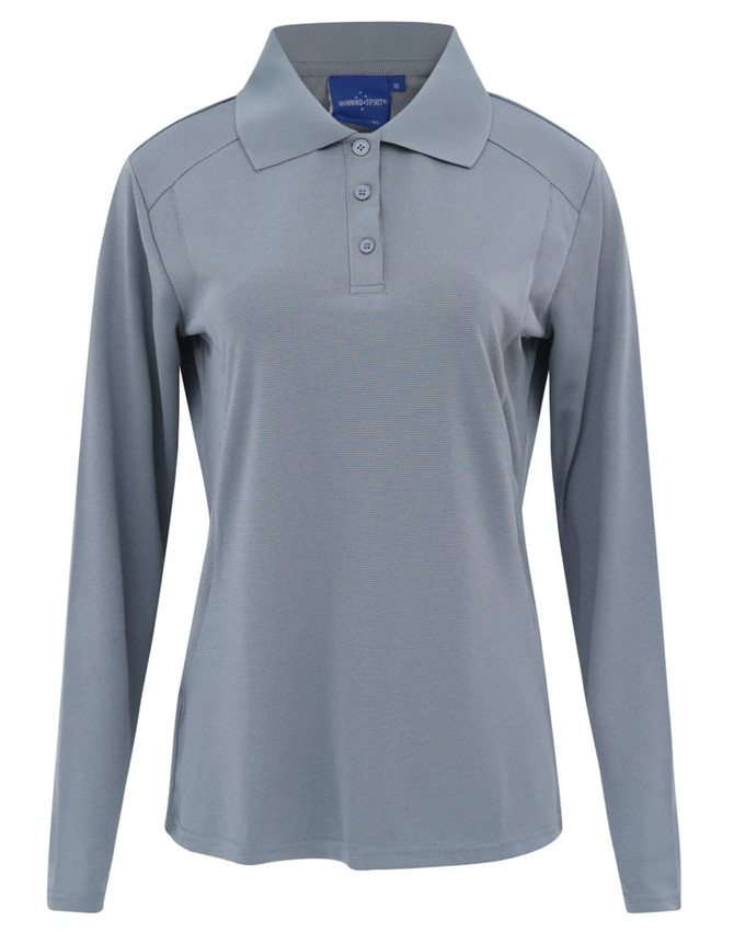 A long-sleeved women's polo shirt in light grey with a collar and three buttons, featuring a logo.