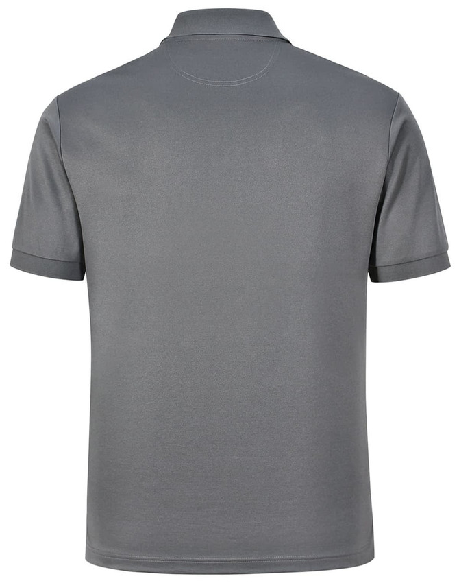 A grey men's sustainable poly/cotton polo shirt with short sleeves and a collar, featuring a logo on the chest.