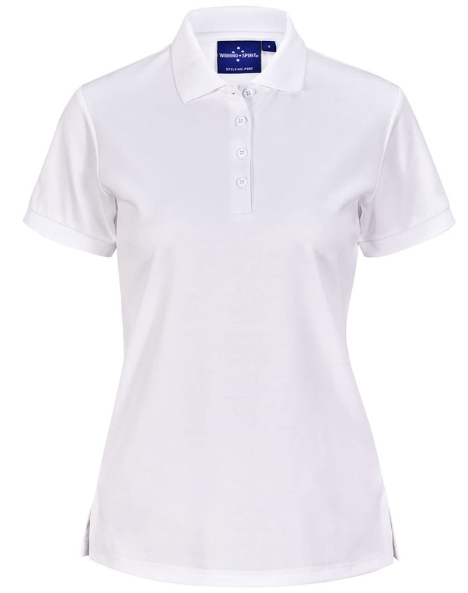 A white ladies' polo shirt made from sustainable poly/cotton, featuring a collar, buttons, and a logo.