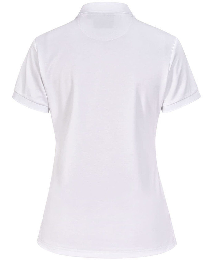 A white women's polo shirt made from sustainable poly/cotton, featuring a classic collar and short sleeves.