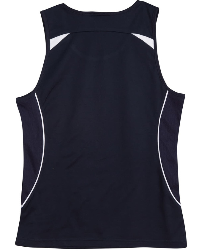 A navy ladies' singlet with white detailing and mesh panels on the sides. It includes a logo on the back.