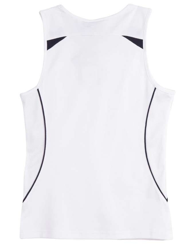 A white singlet with black accents and a mesh detailing on the sides, featuring a logo.