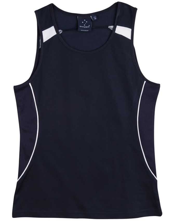 A navy singlet featuring white accents and mesh detailing, designed for ladies. It includes a logo.