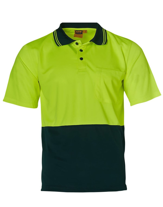 A high-visibility short-sleeve polo shirt in neon yellow and dark green, featuring a pocket and a logo.