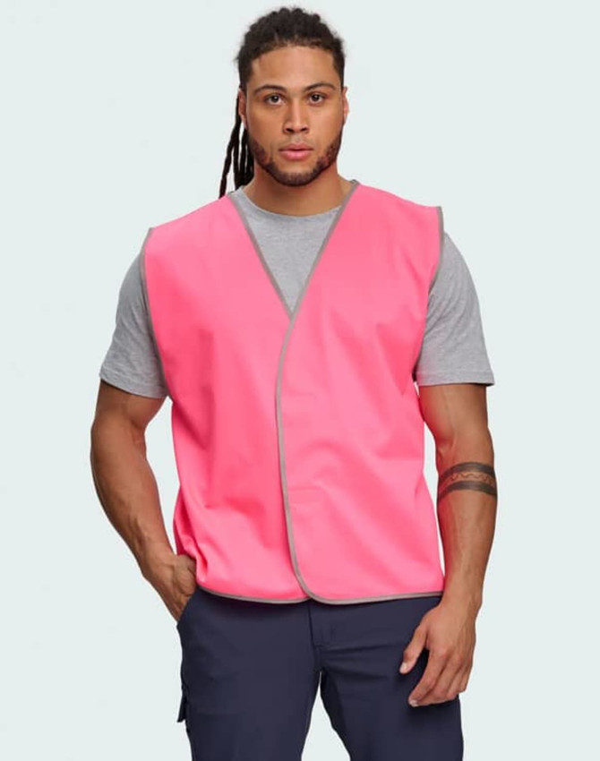 A Hi-Vis safety vest in bright yellow, featuring reflective trim, worn by a man in a collared shirt and tie.