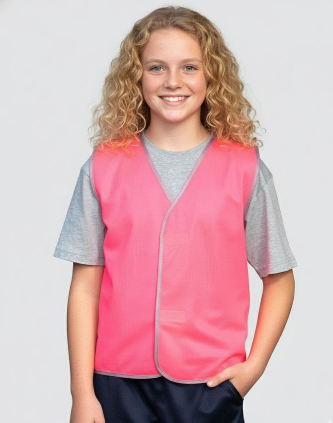 A bright orange children's safety vest with grey trim, suitable for uniform use. The vest has a simple design and no logos.