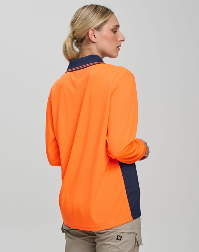 A long-sleeve polo shirt in high visibility orange with navy accents and a logo on the front.