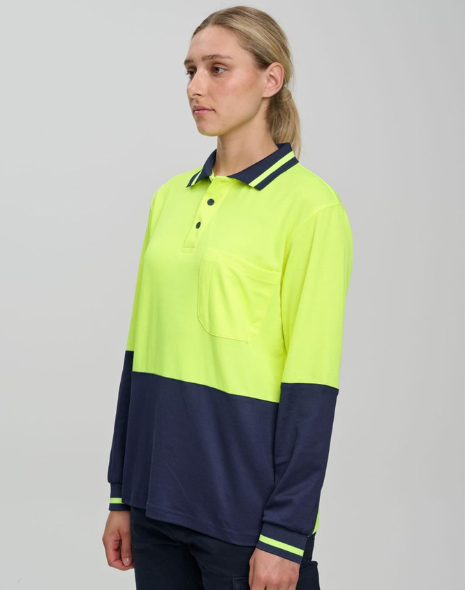 Hi-Vis long-sleeve safety polo in bright yellow with navy blue accents and a pocket, featuring a logo.