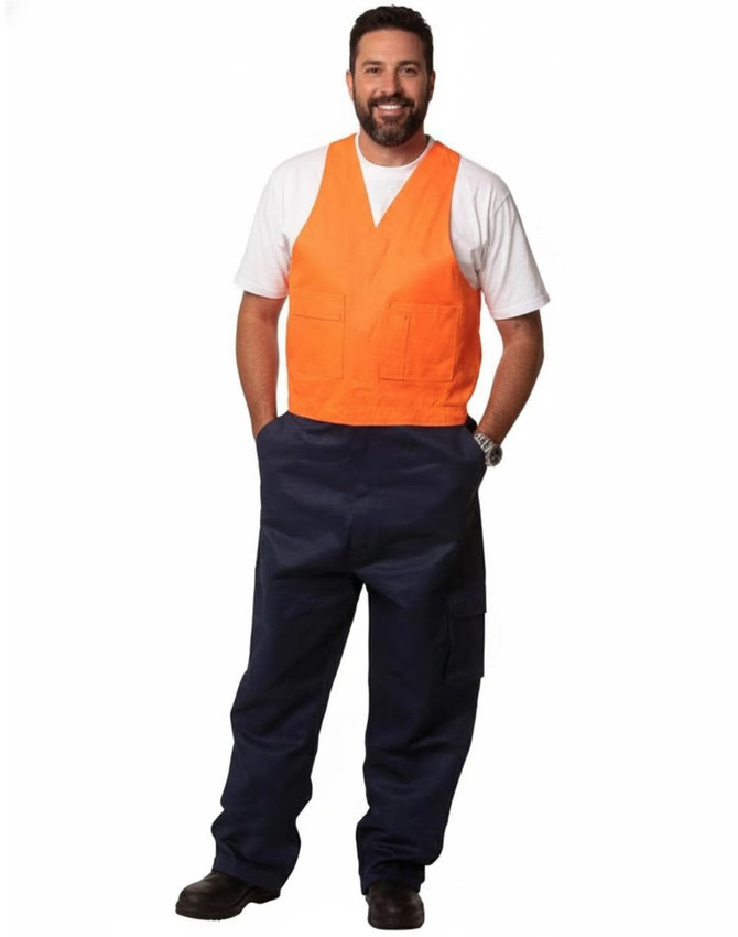 Men's cotton drill overall in navy blue with an orange vest. Features two front pockets and a logo.
