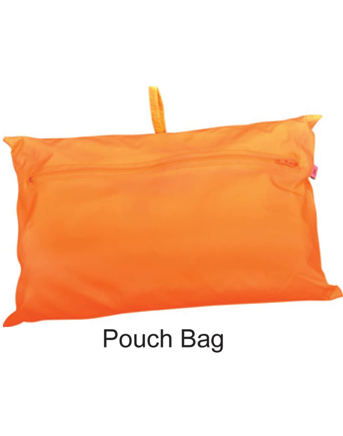 An orange pouch bag featuring a zip closure and a hanging loop for easy carrying.