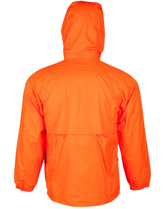 An orange hi-vis spray jacket with a hood, featuring elastic cuffs and a back vent, and includes a logo.