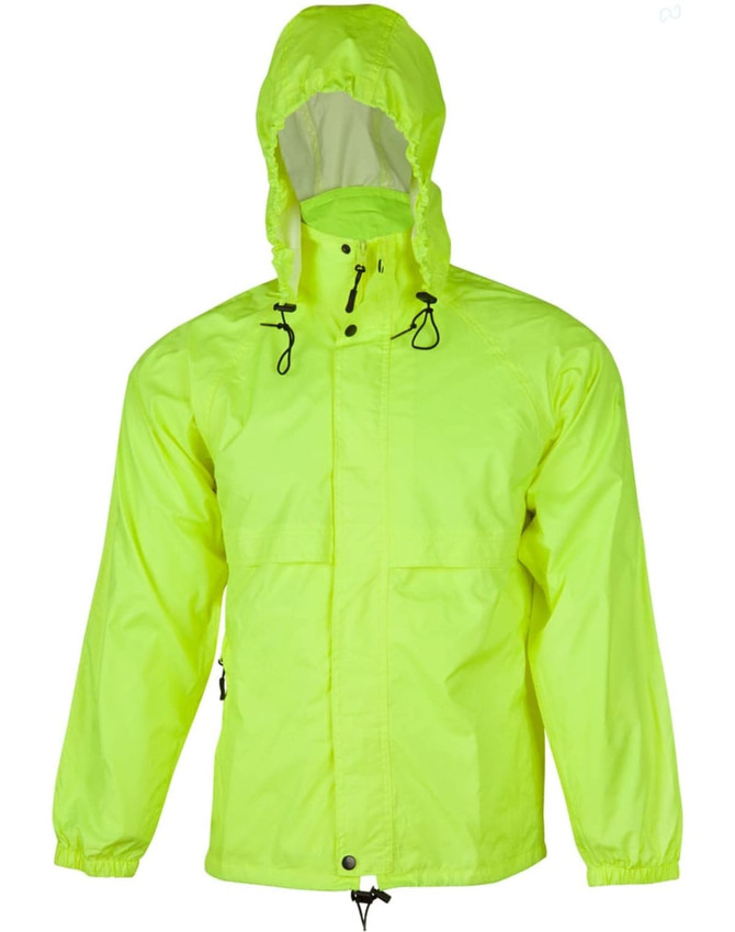 A bright yellow spray jacket with a hood and adjustable drawstrings, featuring a front pocket and a logo.