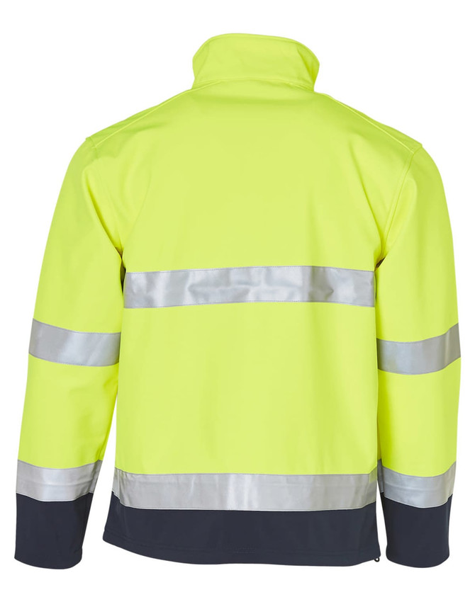 A high-visibility two-tone safety jacket in bright yellow with reflective silver strips and a dark navy base.