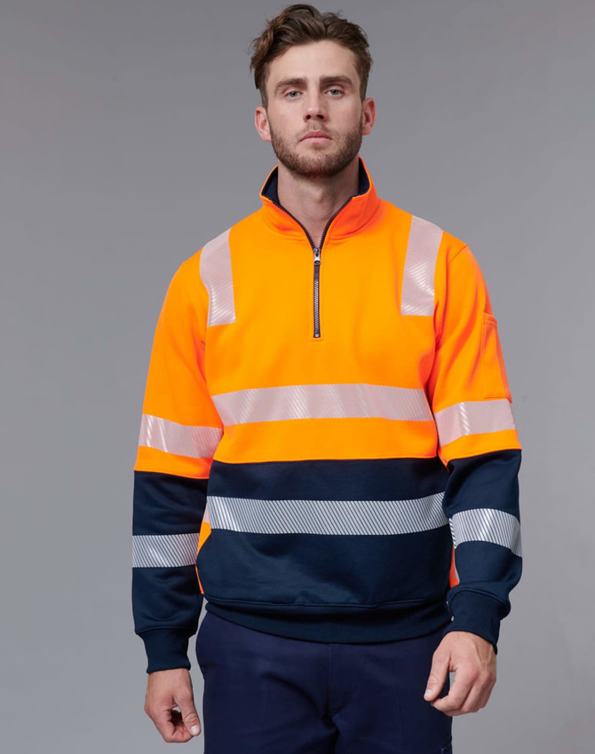 A vibrant orange work jumper with reflective stripes and navy blue accents, featuring a half-zip collar.