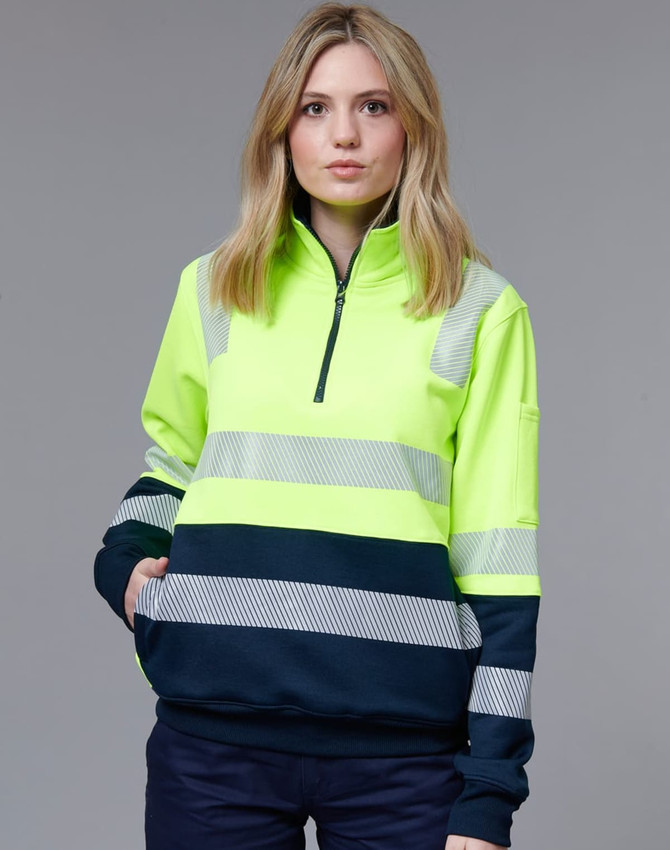 A high-visibility work jumper in fluorescent yellow with navy stripes and reflective detailing. It features a zip collar.