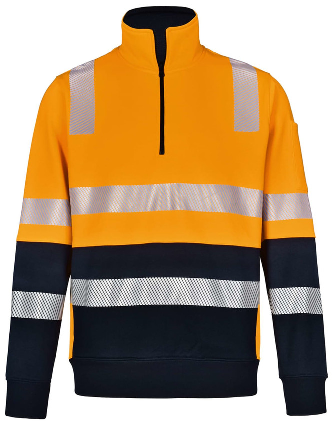 A high-visibility jumper in orange and navy with reflective stripes and a quarter zip. It features a logo on the sleeve.