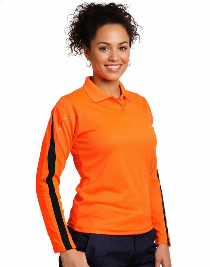 A bright orange long-sleeve polo shirt with black accents and a logo on the chest.