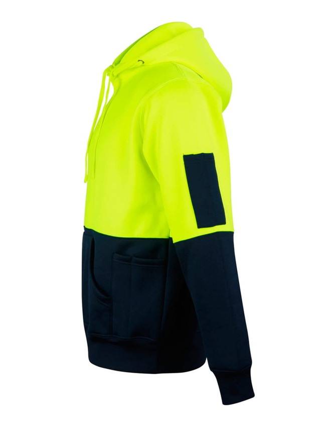 A hi-vis two-tone hoodie in bright yellow and navy blue, featuring a kangaroo pocket and an arm patch.