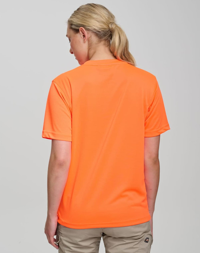 A high visibility orange safety tee with a simple design, featuring a logo on the back.