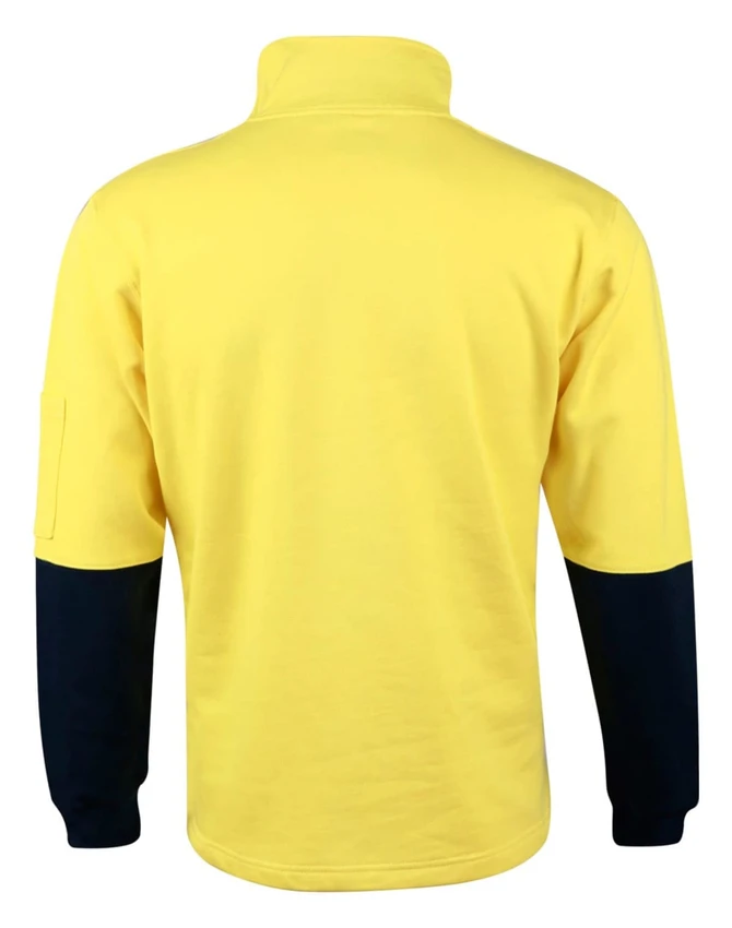 A Hi-Vis two-tone fleecy jumper featuring a yellow body and navy blue sleeves, with a collar and a branded logo.