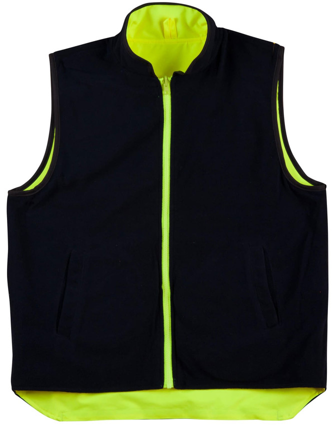 Reversible safety vest in black and high-visibility yellow, featuring a mandarine collar and pockets.