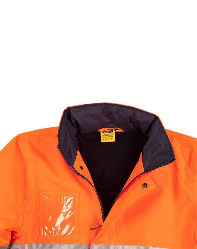 Hi-Vis long line safety jacket in bright orange with reflective 3M tape accents and a dark collar. Features a logo.