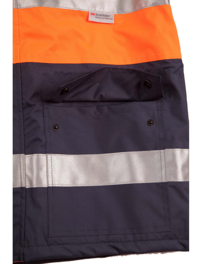 A hi-vis long line safety jacket in orange and navy, featuring reflective 3M tapes and a front pocket with buttons.