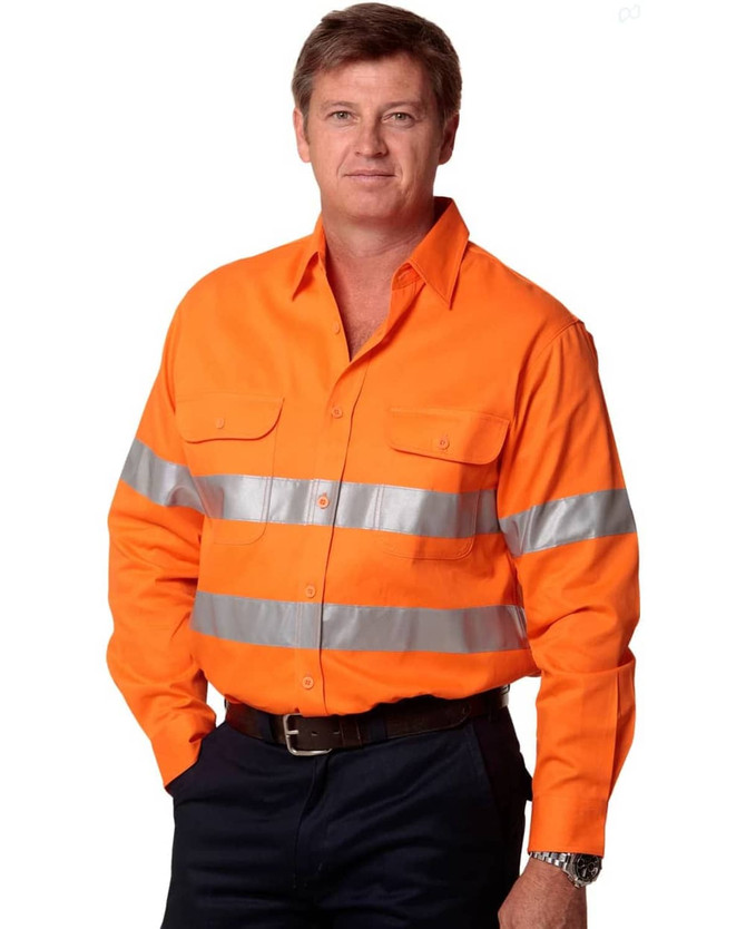 An orange long-sleeved drill shirt featuring reflective 3M tape stripes, designed for safety wear.