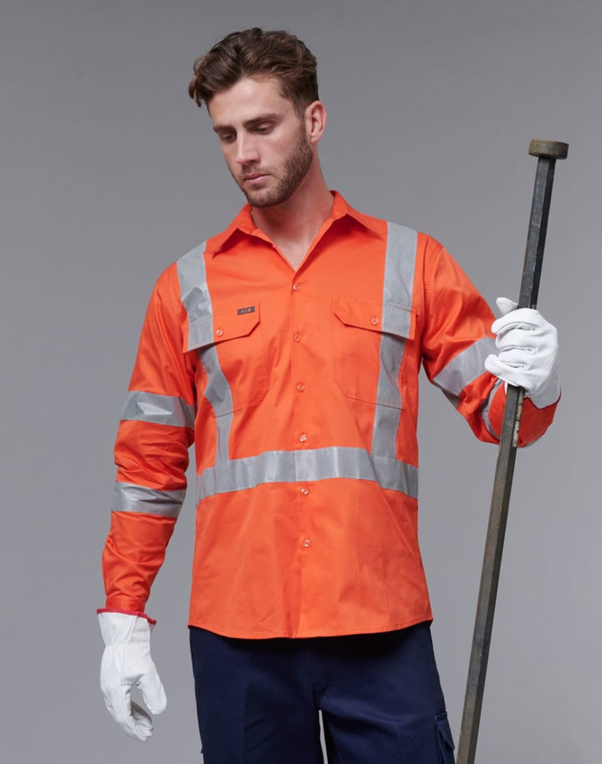 An orange safety shirt featuring silver reflective stripes, long sleeves, and a front button closure.
