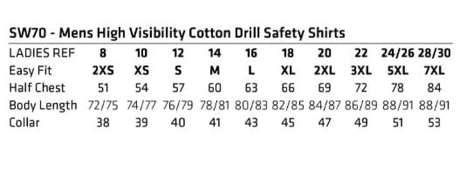 A size chart for men's high visibility cotton drill safety shirts, displaying measurements in various sizes.