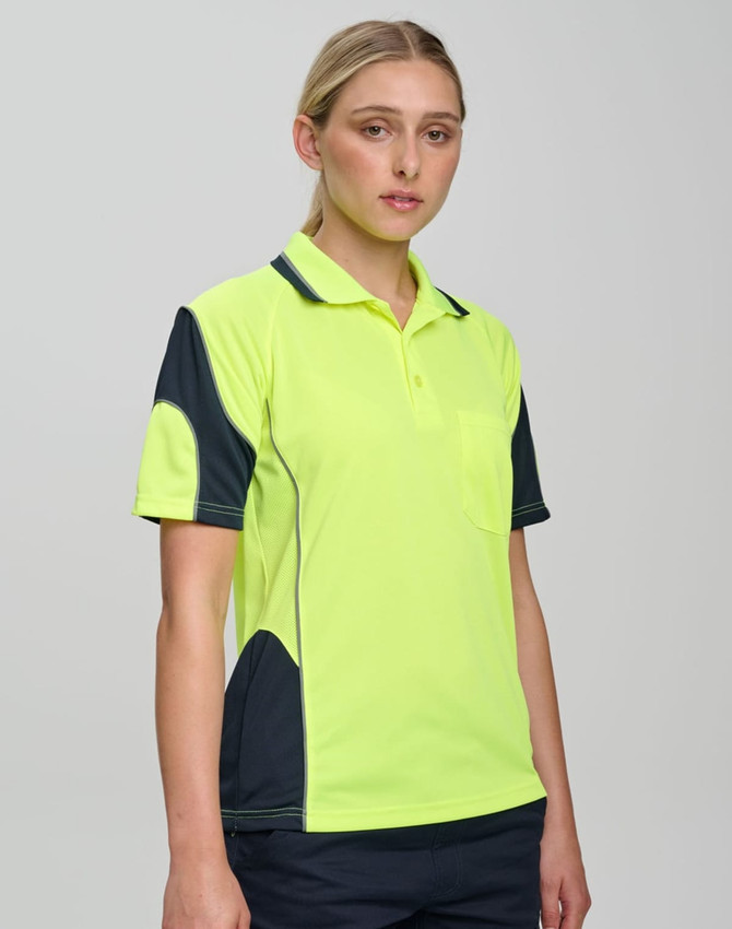 A bright yellow polo shirt with navy accents and a logo, designed for workwear safety.