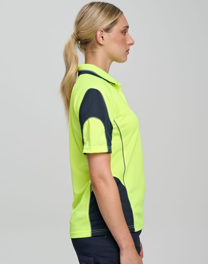 A Hi-Vis mini waffle safety polo in bright yellow with navy accents, featuring a logo on the chest.