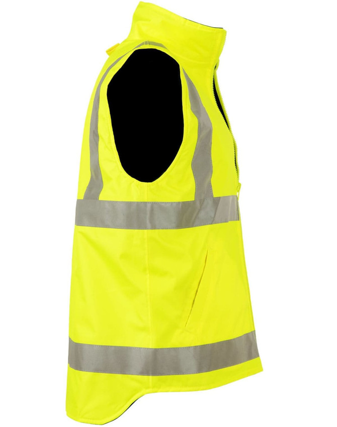 A reversible safety vest in high-visibility yellow with reflective stripes, featuring a zip closure and pockets.