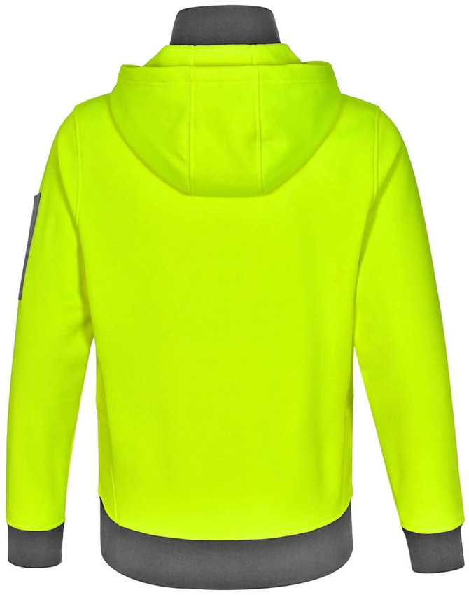 A bright yellow two-tone hoodie with a grey bottom and a hood, featuring a logo on the sleeve.
