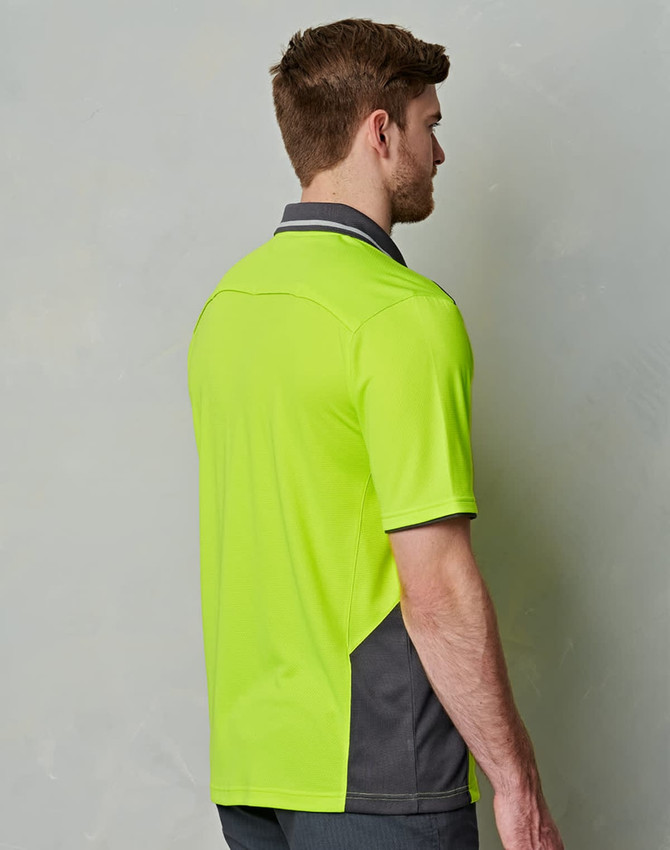 A Hi-Vis bamboo charcoal vented short sleeve polo in vibrant lime green with grey accents and a logo.