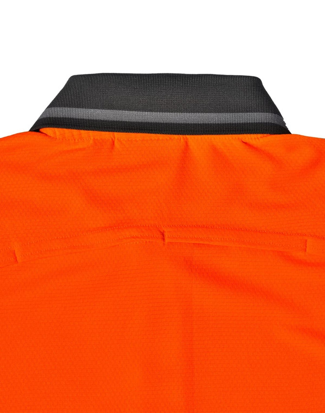 A close-up of the back collar of an orange polo shirt, featuring a grey striped detailing and a logo.