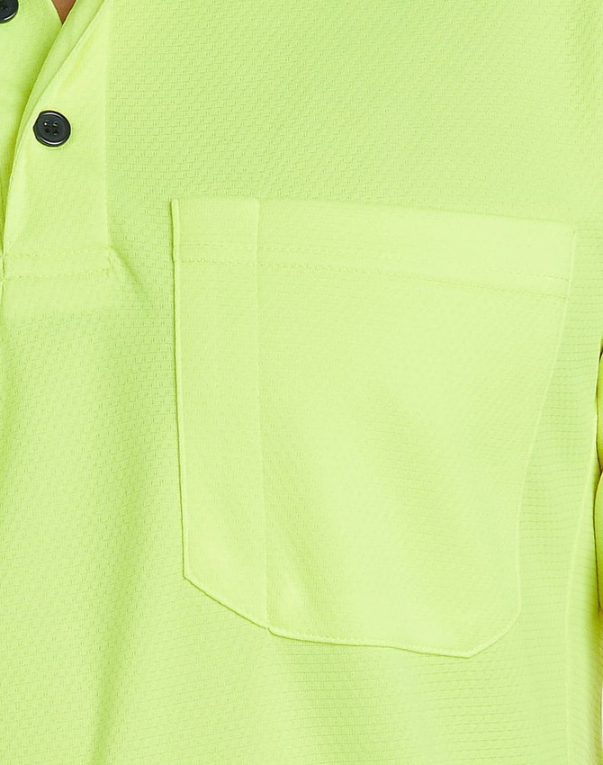 A vibrant yellow-green short-sleeve polo shirt featuring a pocket and a subtle textured design. It has a logo.
