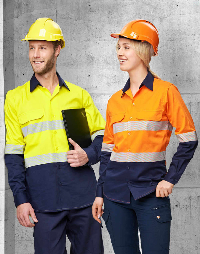 A yellow and navy long-sleeve safety shirt and an orange and navy long-sleeve safety shirt, both with segmented tape, worn by models.