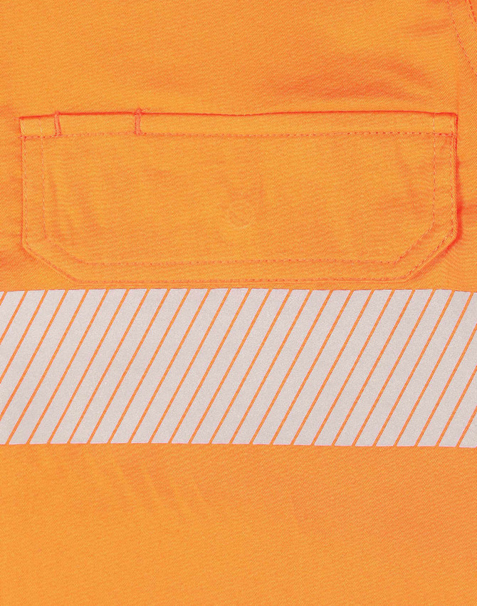 An orange long-sleeved safety shirt featuring segmented reflective tape and a chest pocket.