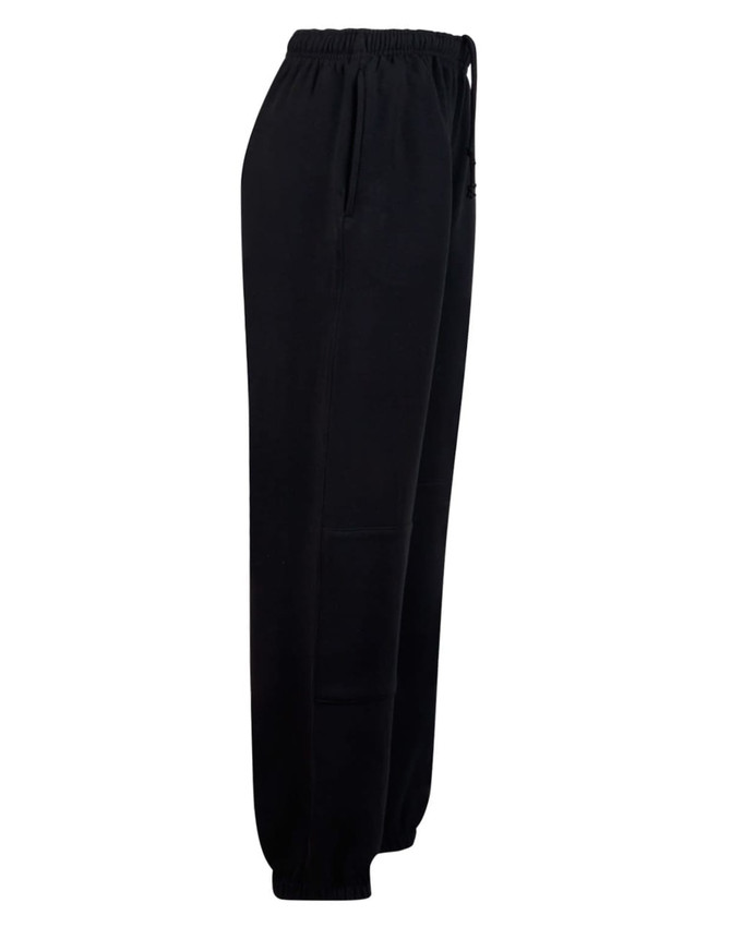 Black fleecy track pants featuring zip cuffs and knee padding, designed for kids, with an elastic waistband.