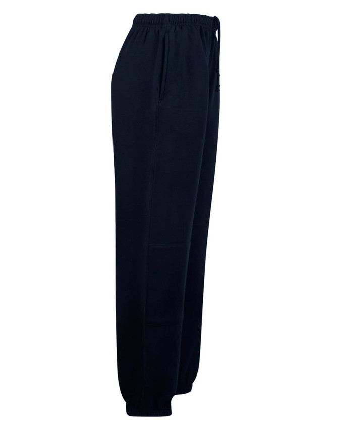 Fleecy navy track pants for kids featuring a zip, cuffs, and knee padding, with an elastic waistband and pockets.