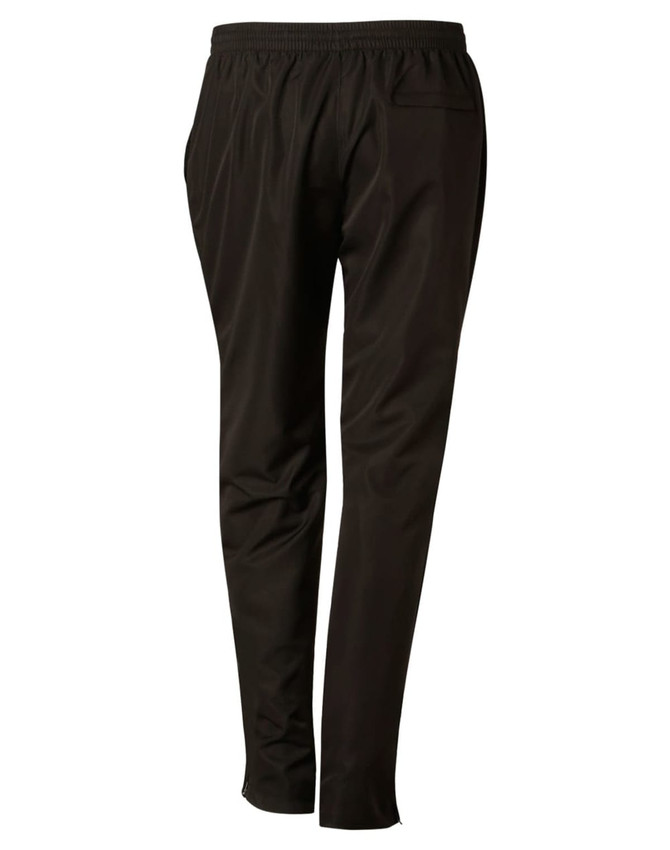 Black kid's track pants with an elastic waistband and side pockets, featuring a logo on the back.