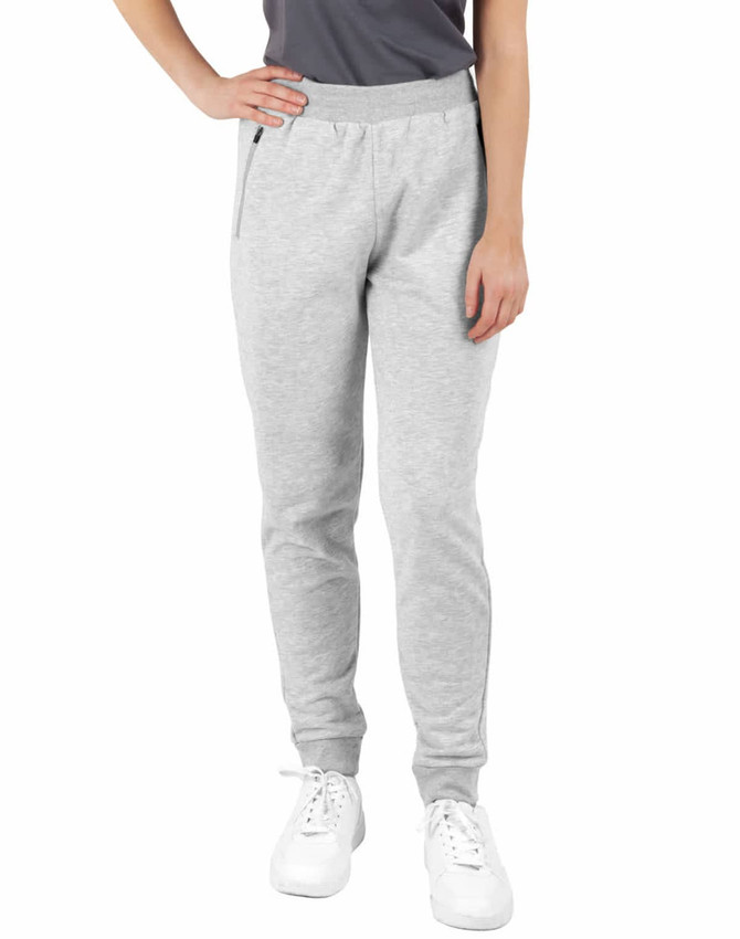 Grey poly/cotton terry sweat pants with a fitted design and pockets, featuring a logo on the waistband.