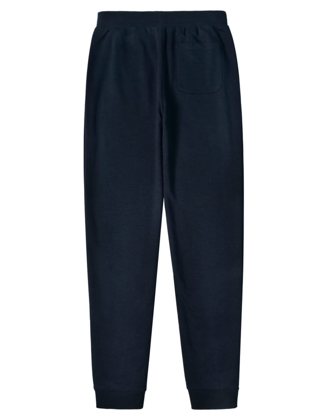 A pair of navy poly/cotton terry sweat pants with an elastic waistband and a back pocket.