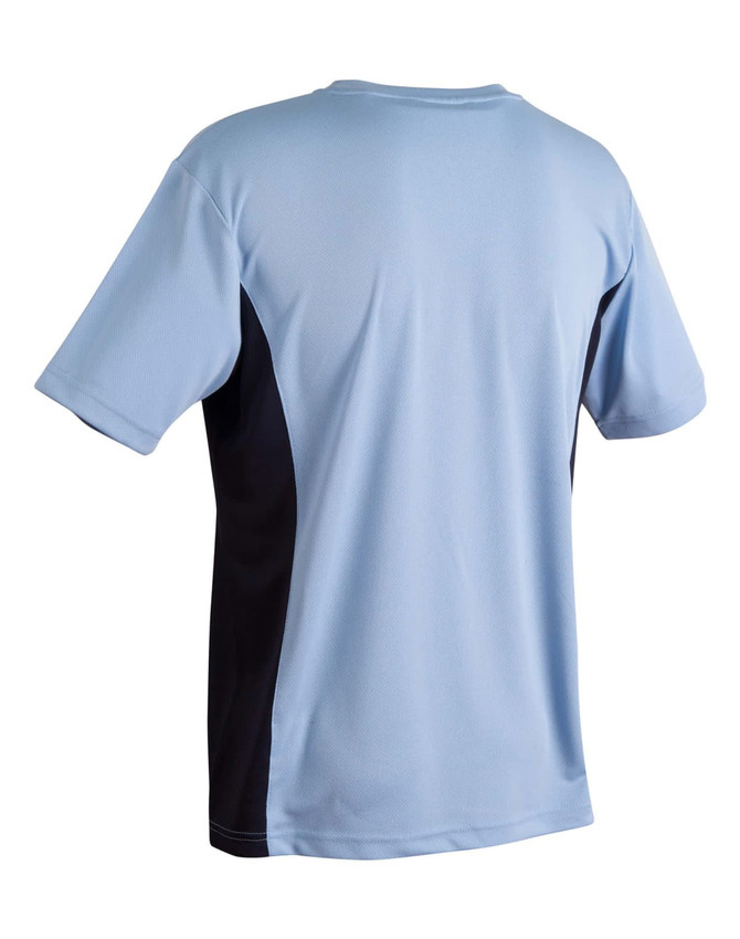 A short sleeve tee in light blue with black side panels, featuring a logo on the back.