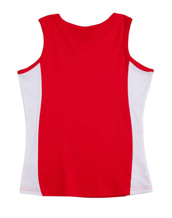 A red and white ladies singlet featuring a contrast design. The back view showcases the colour scheme and fit.