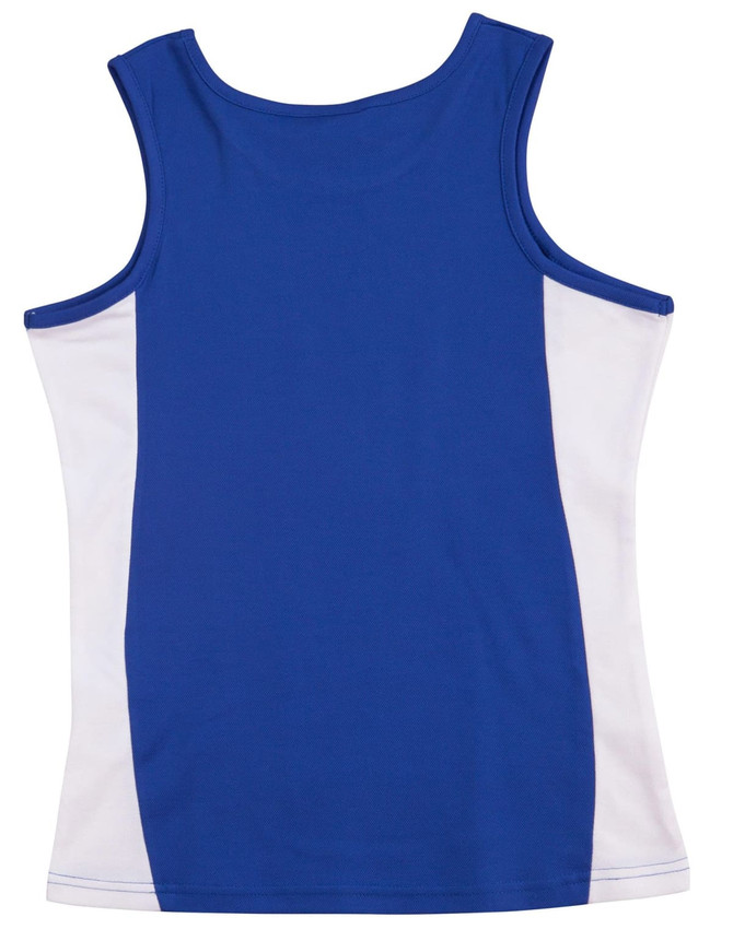 A blue and white singlet featuring contrasting panels and a logo on the back.