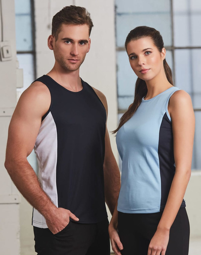 A male and female model wearing contrasting singlets in navy and light blue, both featuring a logo.